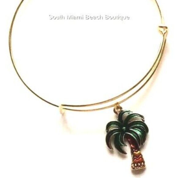 Gold Palm Tree Charm Bracelet Adjustable Coconut Island Hawaiian Wire Plated - Picture 4 of 6
